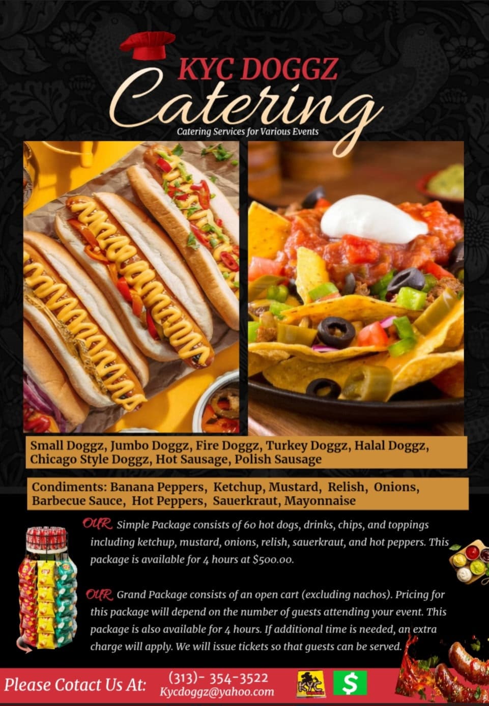 KYC Doggz Catering — packages, menu items, and contact info